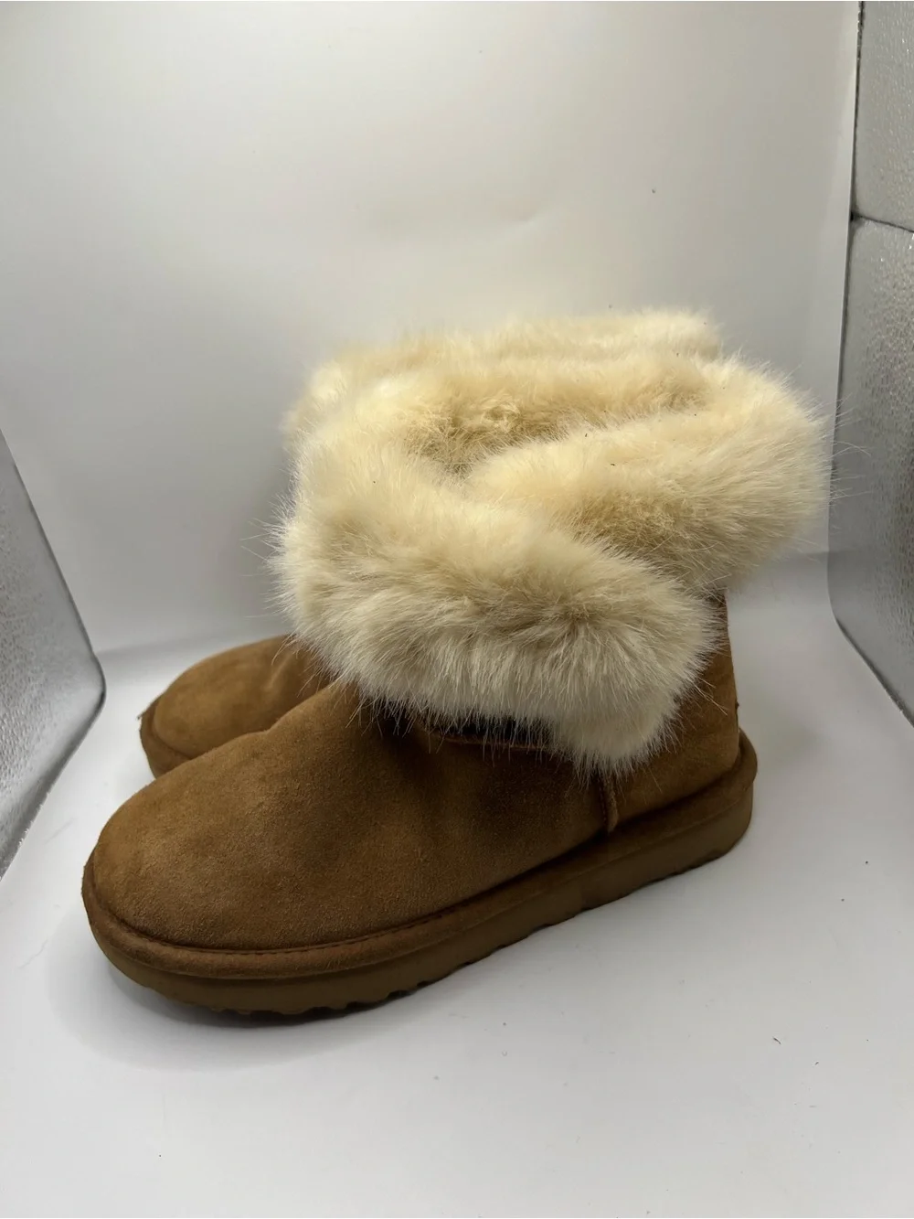 UGG Chestnut Suede Ankle Boots with Cream Faux Fur Cuff